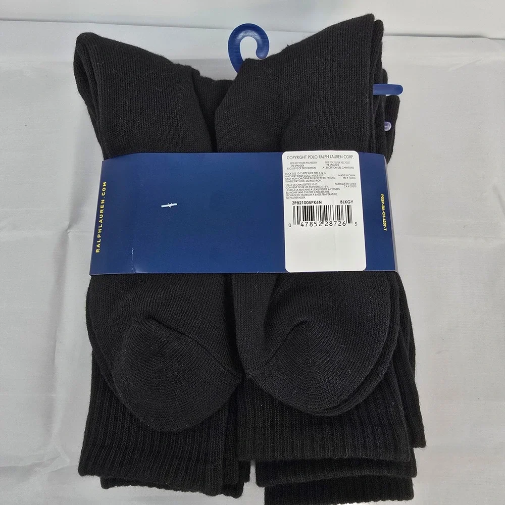 Polo Ralph‎ Lauren Mens 6 Pack Classic Sport Crew Socks Black ZP821005PK6N 10-13